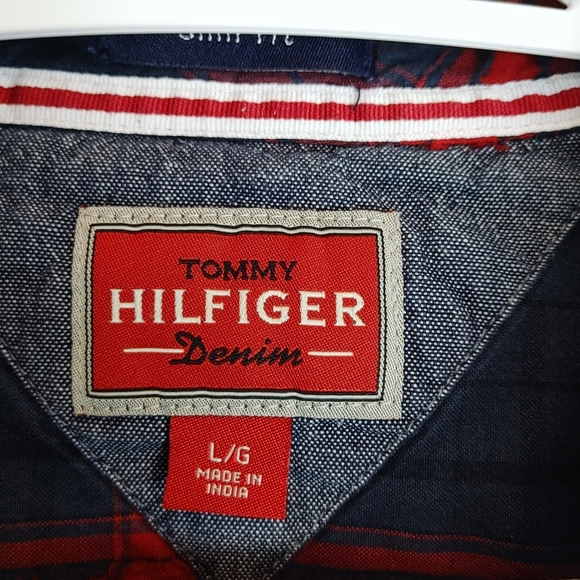 VTG Tommy Hilfiger Red & Blue Shirt with Large Logo on Back Long Sleeve - Picture 7 of 7